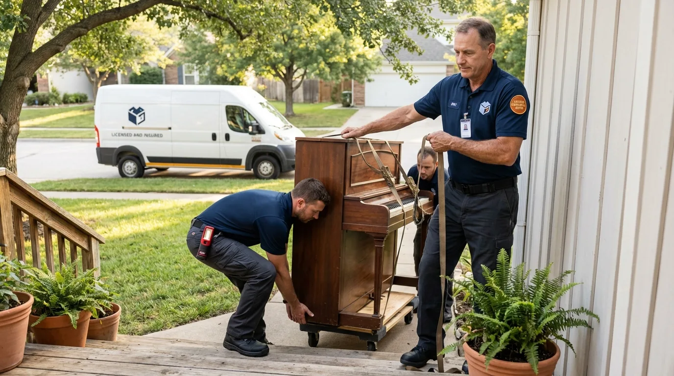Licensed piano movers securing grand piano in Sharon, PA