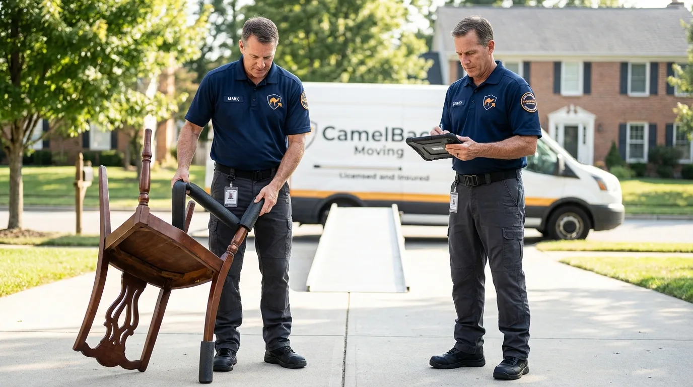 Movers inspecting furniture for damage prevention before loading in Sharon, PA