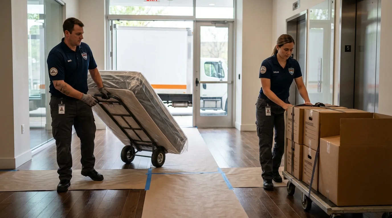 Professional apartment movers loading elevator in Sharon, PA
